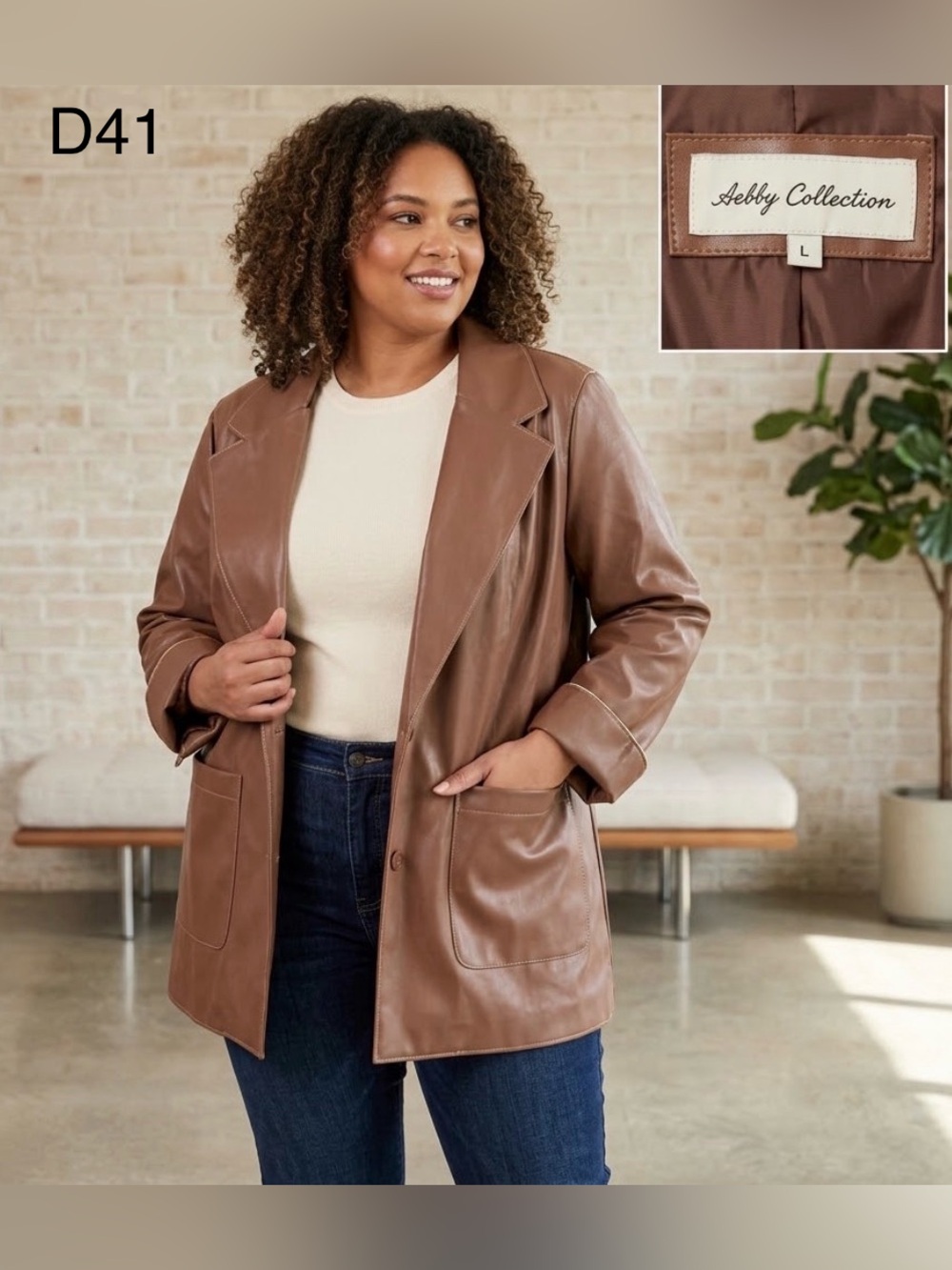 Sebby Collection Women's Tan Faux Leather Blazer Jacket, Size Large